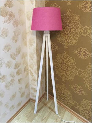 Allians Şık 3 Ayaklı Ahşap Lambader, Konik Kumaş Başlık, Tripod Abajur Fuşya Beyaz