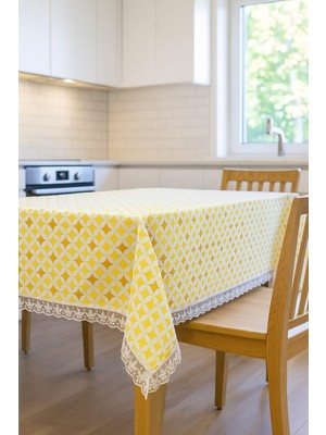 Rona Home Sarı Desenli Kumaş Masa Örtüsü Dantel Kenarlı Silinebilir Şık Çeyizlik Su Geçirmez Masa Örtüsü