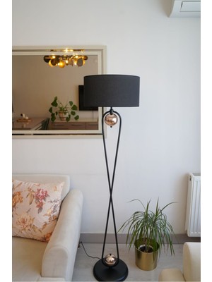 Allians Modern Siyah Silindir Abajur, Ayaklı Metal Lambader, Şık ve Zarif Tasarım