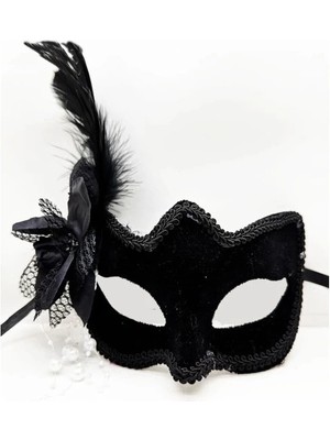 Ne Verelim Size Buğz Siyah Süet Yandan Tüylü Incili Parti Maskesi