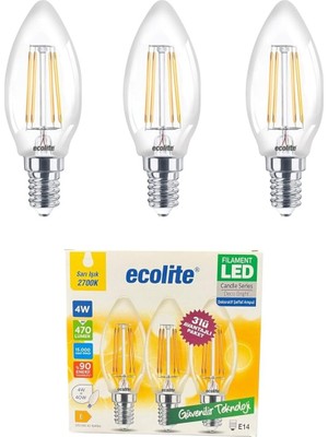 Allians 4W LED Filament Mum Ampul, E14, 2700K, 470 Lümen, Şeffaf Cam