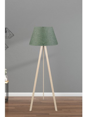 Allians Şık Ahşap Üç Ayaklı Konik Başlıklı Haki Yeşil Kumaş Salon Lambası