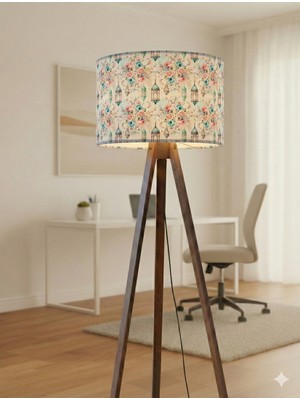 Allians Çiçekli Desenli Masif Ahşap Tripod Lambader, Şık ve Modern Aydınlatma