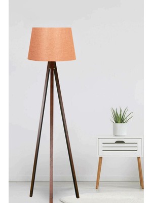 Allians Şık Ahşap Tripod Lambader, Konik Kumaş Turuncu ve Kahverengi Tasarım