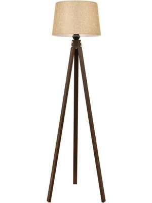 Allians Şık Ahşap Tripod Lambader, Konik Kumaş Abajur, Tütün Kahverengi