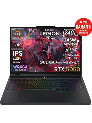 Lenovo Legion Pro 5 16ADR10 Amd Ryzen 9 8940HX 32GB 1TB SSD RTX 5060 8GB (115W) 16" WQXGA (2560X1600) 240Hz 2K IPS Panel Freedos Taşınabilir Bilgisayar 83LT005RTR