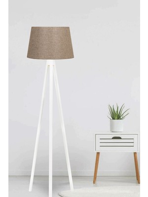 Allians Şık Ahşap Tripod Ayaklı Bej ve Beyaz Abajur, Modern Dekorasyon Için