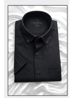 Varetta Erkek Siyah Gömlek Kısa Kollu Geniş Kesim Yaka Düğmeli Pamuk Saten