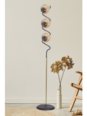 Allians Şık Siyah-Sarı Metal Gövde Bal Camlı Lüks Yerden Aydınlatma Lambader