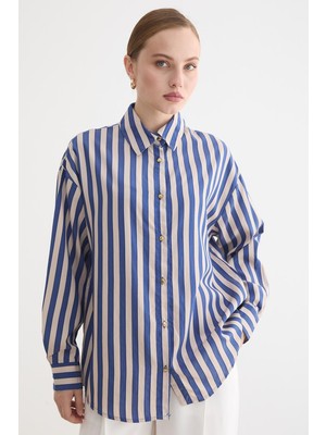 Qimya Butik Levure Uzun Kollu Kalın Laci-Bej Çizgili Oversize Uzun Gömlek