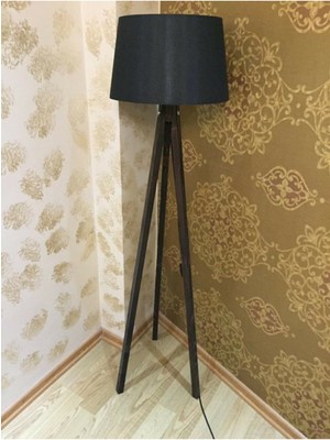 Allians Modern Konik Lambader, 3 Ayak Ahşap Abajur, Siyah ve Kahverengi Detaylar