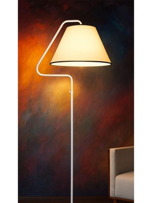 Allians Modern Üçgen Beyaz Metal Lambader, Krem Kumaş Şapka, Tek Ayaklı, Salon Için