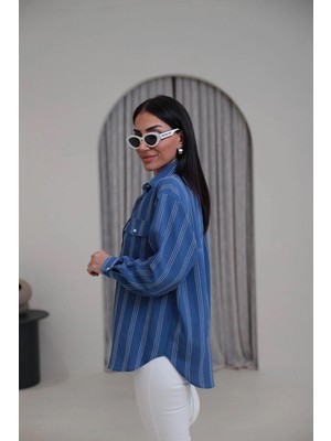 Qimya Butik Levure Uzun Kollu Ince Çizgili Çift Cepli Oversize Gömlek