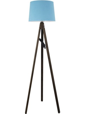 Allians Rustik Ahşap Tripod Lambader, Koyu Kahverengi ve Turkuaz Detaylı