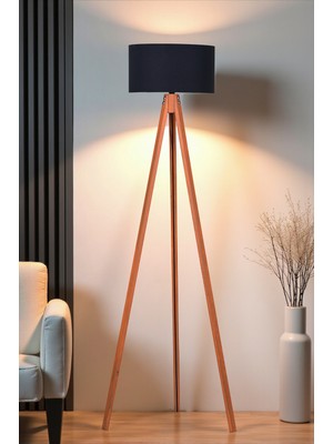 Allians Şık Ahşap Gövdeli Siyah Ayak Lambader, Modern ve Zarif Tasarım