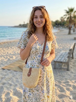 Eleven Masal Örgü Evi Bohem Stil El Örgüsü Kağıt İp Çanta - Yazlık Deri Askılı Hasır Omuz Çantası