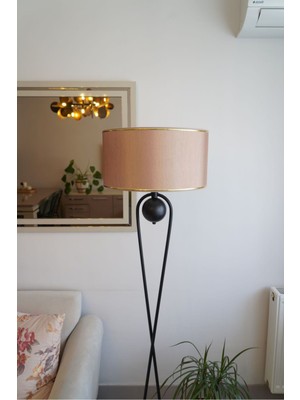 Allians Modern Siyah Bal Gold Detaylı Silindir Şapkalı Ayaklı Metal Lambader