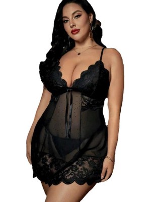 Bipamuk Kadın Büyük Beden Tül Gecelik Dantel Detaylı Fantezi Gecelik