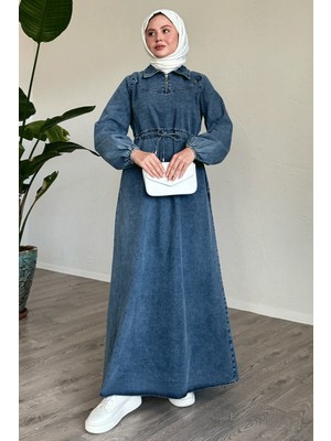 inStyle Tünel Kemerli Fermuarlı Mavi Kot Elbise