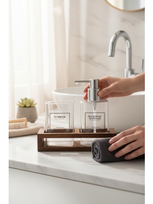 Akayev 2 Bölmeli Akasya Standlı Cam Sabunluk ve Diş Fırçalık Seti