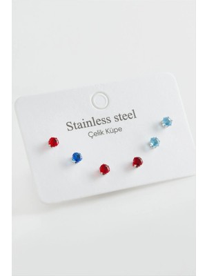 SiHako 6 Adet Yuvarlak Zirkon Tek Taşlı Çelik Küpe