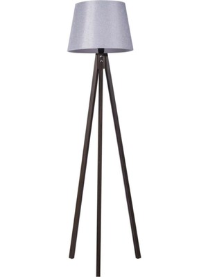 Allians Şık Ahşap Tripod Abajur, Kumaş Kaplama, Gri ve Kahverengi Detaylar