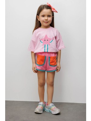 Le Mabelle Pembe Mottolu Figürlü Çocuk Tişört Şort Ikili Takım - Lole