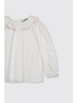 Panço Kız Bebek Yakası Nakış Detaylı Ekru Bluz