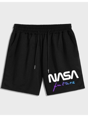 Punix Punıx Büyük Beden Rahat Kalıp Nasa Future Baskılı Pamuk Dokuma Siyah Erkek Battal Şort