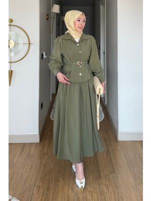 Tesettür Diyarı Nale Cupra Tansel Kumaş Kemerli Gömlek- Etek Tesettür Takım- Haki