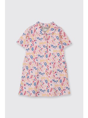 Panço Kız Bebek Kısa Kollu Bebe Yaka Baskılı Düğmeli Örme Pembe Elbise