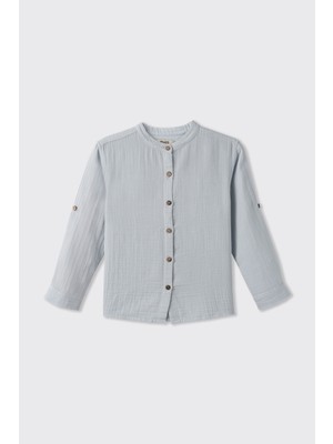 Panço Erkek Çocuk Uzun Kollu Hakim Yaka Müslin Mavi Gömlek