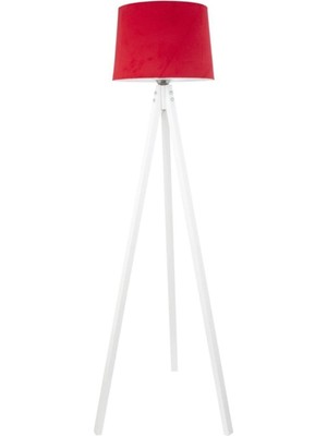 Allians Şık Ahşap Tripod Lambader, Beyaz ve Kırmızı Konik Şapka Tasarımı