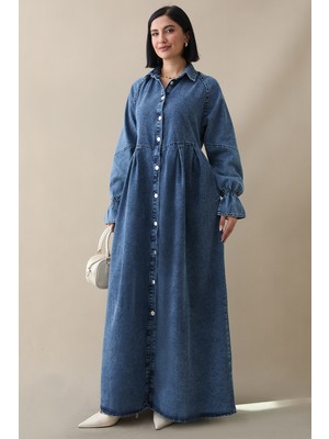 inStyle Kol Ucu Fırfırlı Mavi Kot Elbise