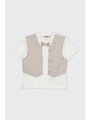 Panço Erkek Bebek Yelek Detaylı Yumuşak Dokulu Ekru Tişört