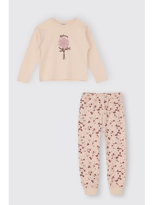 Panço Kız Çocuk Çiçek Desenli Bej Pijama Takımı