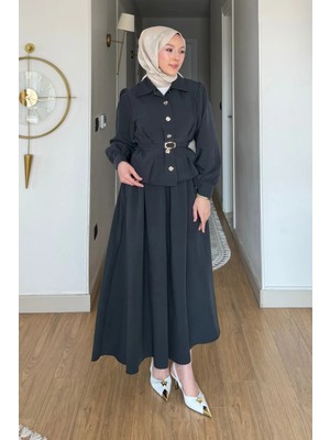 Tesettür Diyarı Nale Cupra Tansel Kumaş Kemerli Gömlek- Etek Tesettür Takım- Antrasit