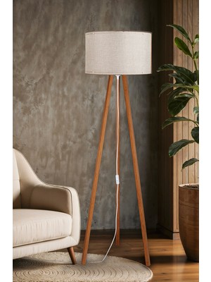 Allians Şık Lüx Lambader Abajur, 3 Ayaklı Tripod, Kumaş ve Ahşap Detaylar