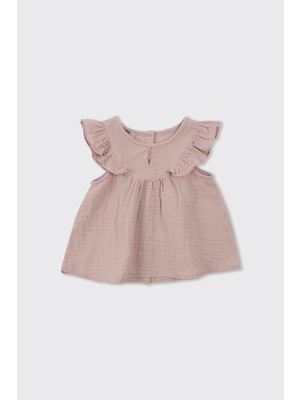 Panço Kız Bebek Kolları Fırfırlı Yumuşak Dokulu Müslin Pembe Bluz