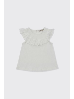 Panço Kız Bebek Yakası Dantel Detaylı Ekru Bluz