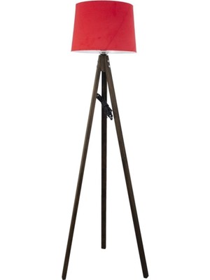 Allians Rustik Ahşap 3 Ayak Koyu Kahverengi Tripod Lambader Kırmızı Şapka