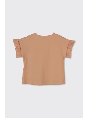 Panço Kız Çocuk Kolları Detaylı Kısa Kollu Somon Tişört