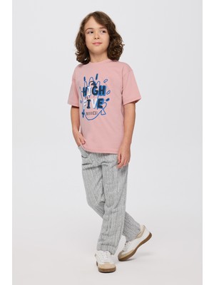 Panço Erkek Çocuk Baskılı Bisiklet Yaka Kısa Kollu Pembe Tişört