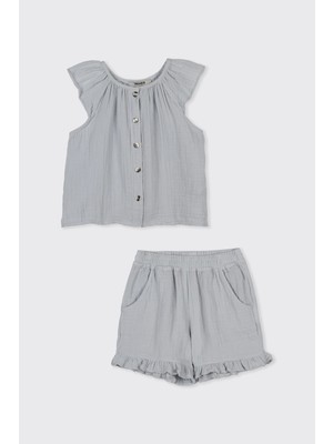 Panço Kız Bebek Müslin Mavi 2'li Takım