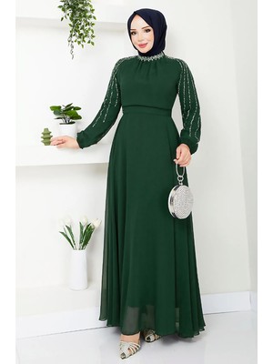 inStyle Kolları Taşlı Pullu Yeşil Şifon Abiye