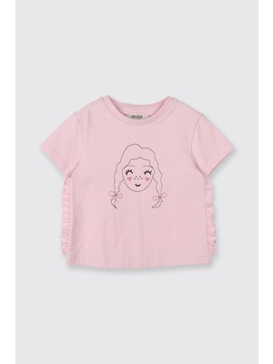 Panço Kız Bebek Pembe Tişört Kısa Kol Fırfır Detaylı Günlük Stil Örme Kumaş