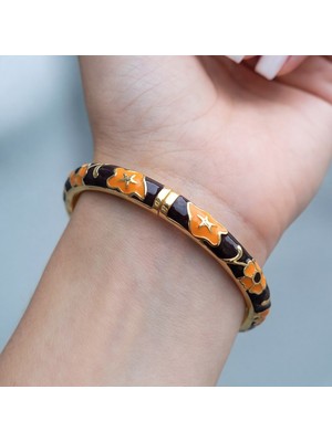 Ferizz Altın Kaplama Turuncu- Siyah Çiçekli Mineli Kadın Kelepçe BLZ-661