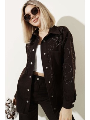 Qimya Butik Levure Kadın Önü & Kolu Taş Baskılı Çift Cepli Oversize Ceket Gömlek