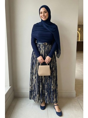 inStyle Şifon Sandy Kemerli Drapeli Lacivert Puantiye Desen Elbise