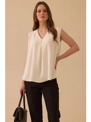 Seçil Kadın V Yaka Kolsuz Bluz - Ekru